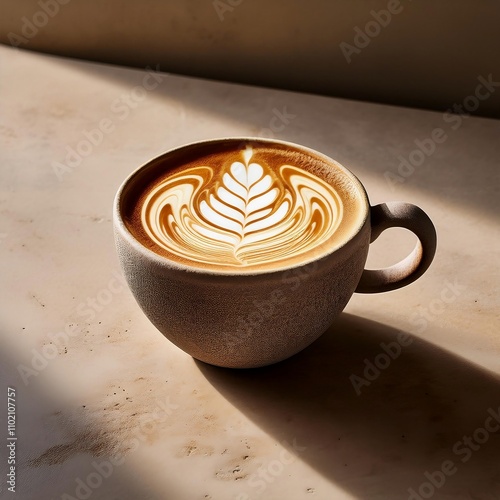 Latte in smooth stone mug with shadow; latte art; neutral beige concrete counter