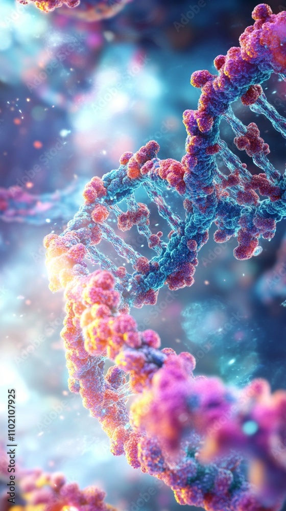 Vibrant 3D rendering of DNA helix structure with pink and blue molecules, illustrating genetic research and biotechnology advancements in a dreamy atmosphere. Vibrant 3D rendering of DNA helix structure with pink and blue molecules, illustrating genetic research and biotechnology advancements in a dreamy atmosphere.