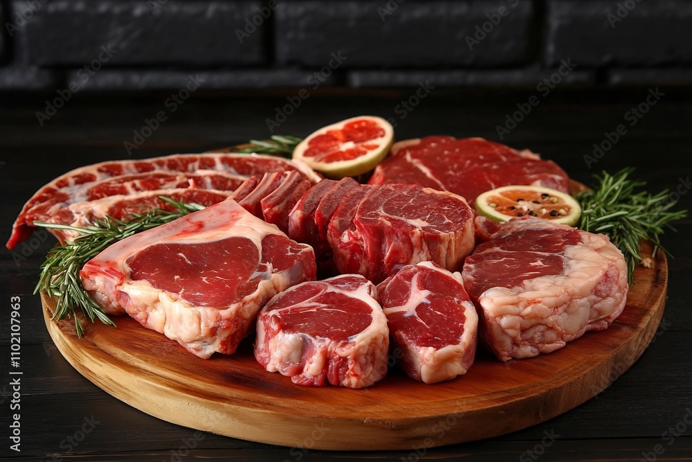 Raw Meat and Steak with Butcher s Knife on Wooden Board with Rustic Brick Wall Background Raw Meat and Steak with Butcher s Knife on Wooden Board with Rustic Brick Wall Background