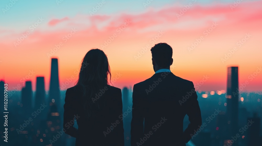 Businesspeople watching sunset over city skyline from balcony Businesspeople watching sunset over city skyline from balcony