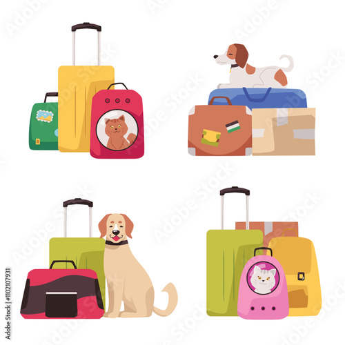 Vector illustration of a vacation trip with pets, including carriers, luggage and accessories.