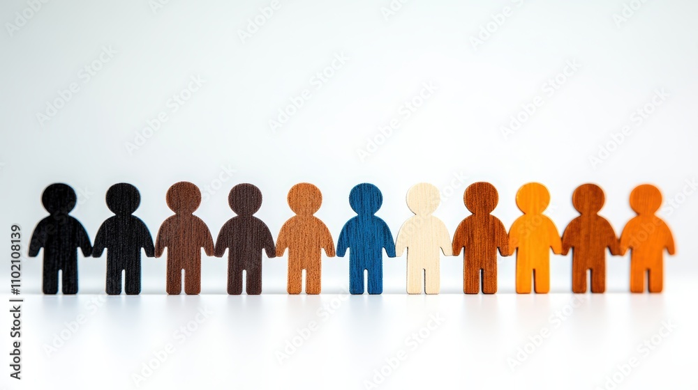 Diverse wooden figures in a row symbolize teamwork in a corporate setting Diverse wooden figures in a row symbolize teamwork in a corporate setting