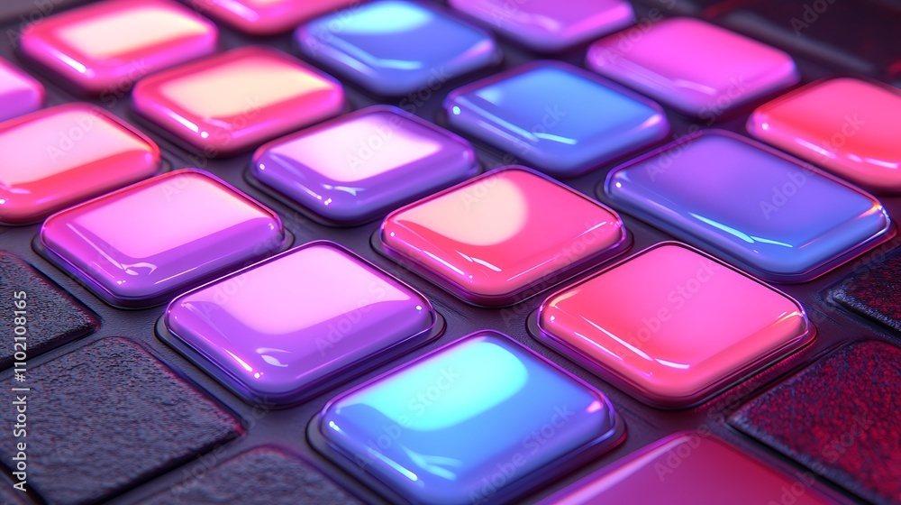 Close-up of colorful illuminated square buttons on a control panel.