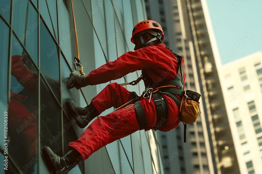 Skilled Worker Cleaning Windows on High Rise Building Facade Skilled Worker Cleaning Windows on High Rise Building Facade