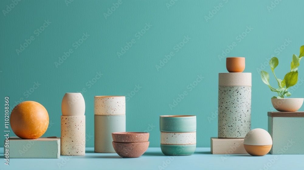 Modern ceramic vessels and decor against a teal background Modern ceramic vessels and decor against a teal background