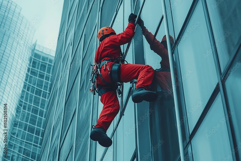 Worker in Red Overalls Cleaning High Rise Building Windows