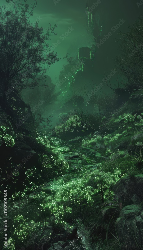 A Mystical Forest Path Illuminated by Glowing Lights A Mystical Forest Path Illuminated by Glowing Lights