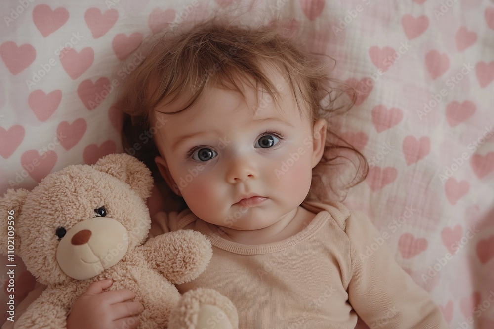 Lonely Baby Girl Hugging Teddy Bear on Pink Patterned Blanket with Soft Light Lonely Baby Girl Hugging Teddy Bear on Pink Patterned Blanket with Soft Light