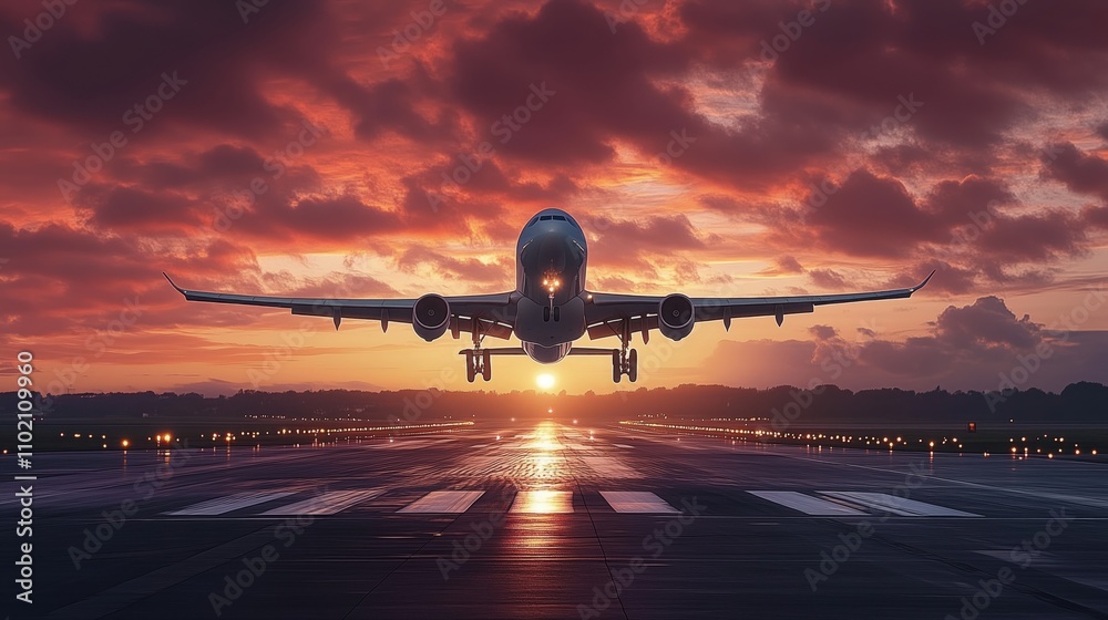 Fototapeta premium Passenger airplane landing on runway at sunset with vibrant red and orange clouds in the background