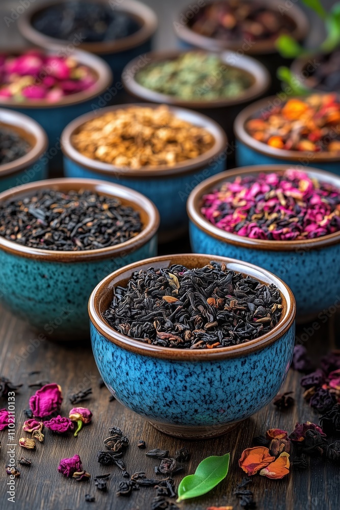 Assorted dry tea leaves in blue bowls on dark wood, showcasing diverse flavors and aromas Assorted dry tea leaves in blue bowls on dark wood, showcasing diverse flavors and aromas