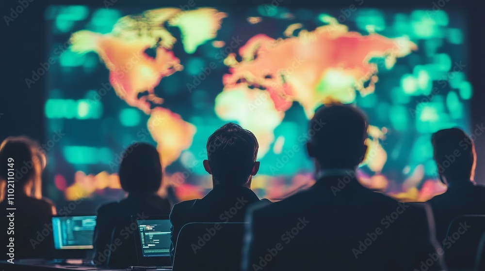 Close-up of a technology ethics conference, blurred silhouettes of people sitting in front of a globe presentation. A crane presentation with a globe showing global discussions on IT ethics, great for