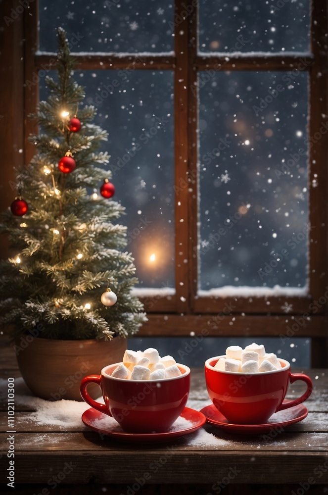 Red cocoa cups with marshmallows by Christmas tree Red cocoa cups with marshmallows by Christmas tree