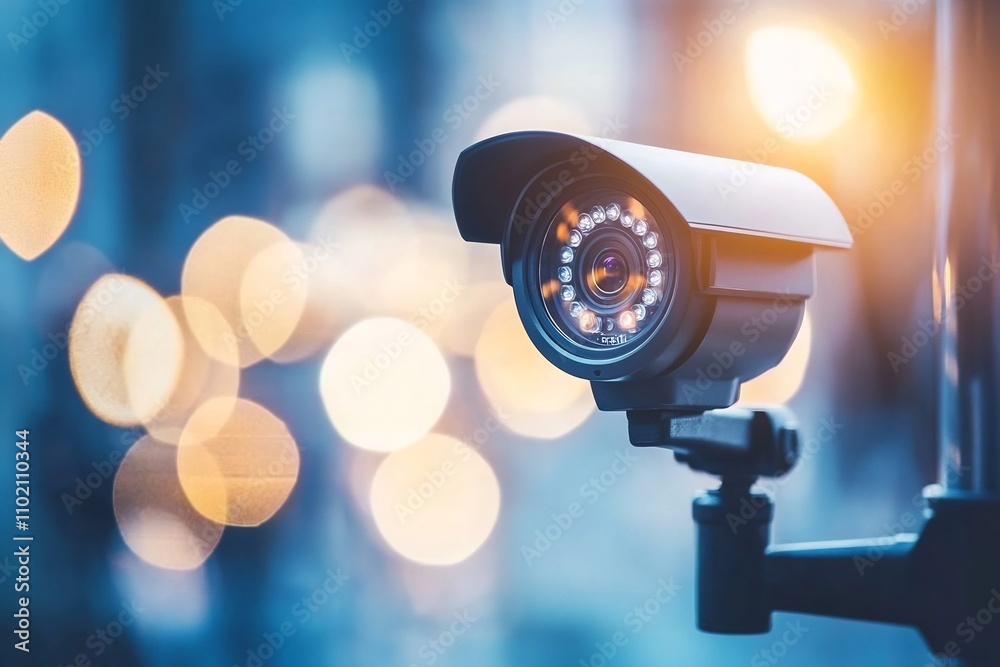 Mounted CCTV on Modern Building Wall with Soft Light Urban City Background Mounted CCTV on Modern Building Wall with Soft Light Urban City Background