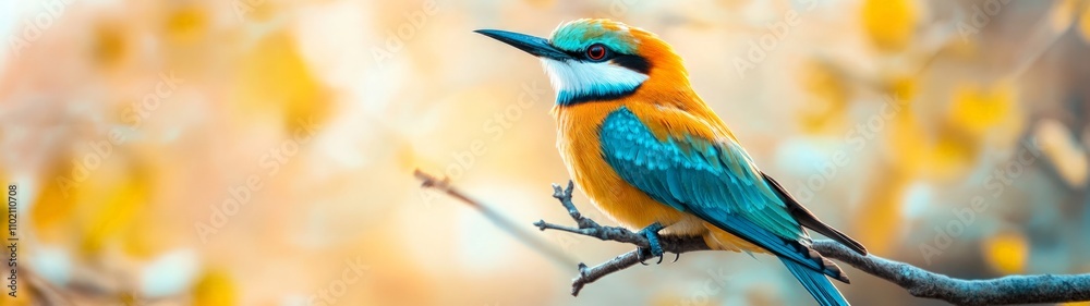 Obraz premium Vibrant Exotic Bird Perched on Branch, a stunning close-up of a rare bird with colorful feathers, highlighting its unique beauty and intricate details for wildlife enthusiasts.