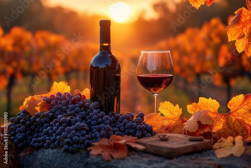 Cozy vineyard scene at sunset with a wine bottle, glass, and grapes on stone. Warm sunlight enhances the idyllic setting, perfect for nature lovers
