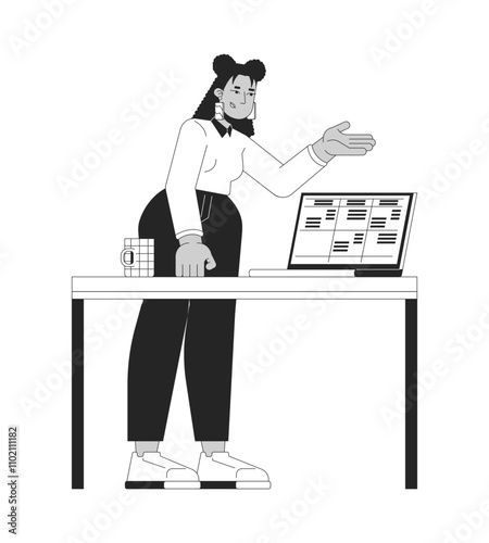 Latina office worker explaining data table on laptop black and white 2D line character. Business casual employee standing behind desk isolated vector outline person. Monochromatic spot illustration