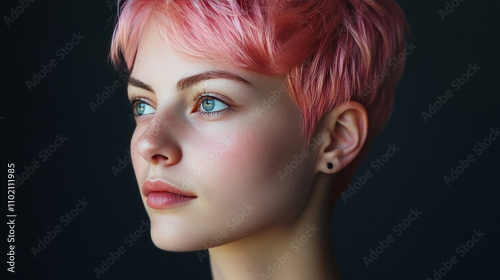 Portrait of a young girl with short, soft pink hair. The girl stands out from the crowd due to the non-standard color of her hair on her head Portrait of a young girl with short, soft pink hair. The girl stands out from the crowd due to the non-standard color of her hair on her head