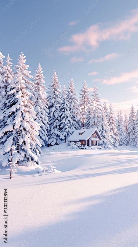 Fototapeta premium A magical winter landscape with a cabin covered in snow, serene, snowy