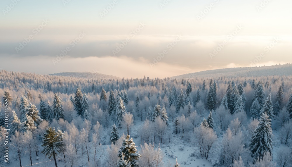 Aerial view of snow-covered forest at sunrise. Aerial view of snow-covered forest at sunrise.