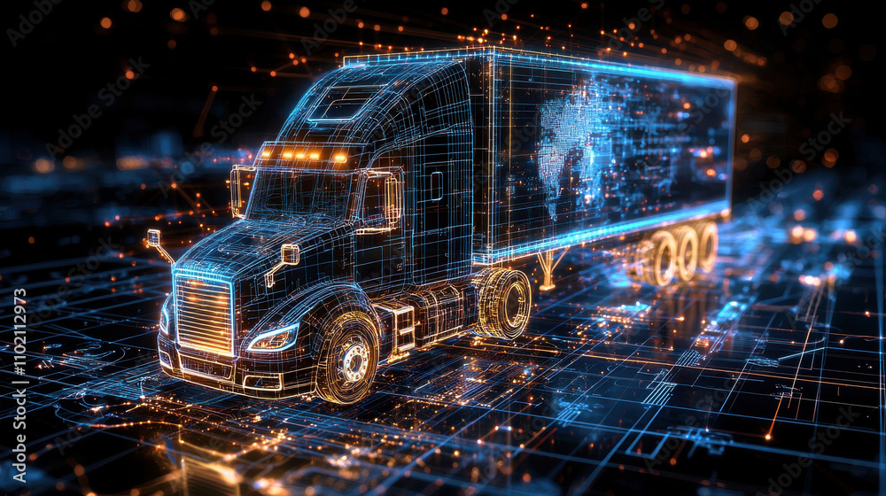 Obraz premium futuristic digital blueprint of truck with glowing lines and circuits