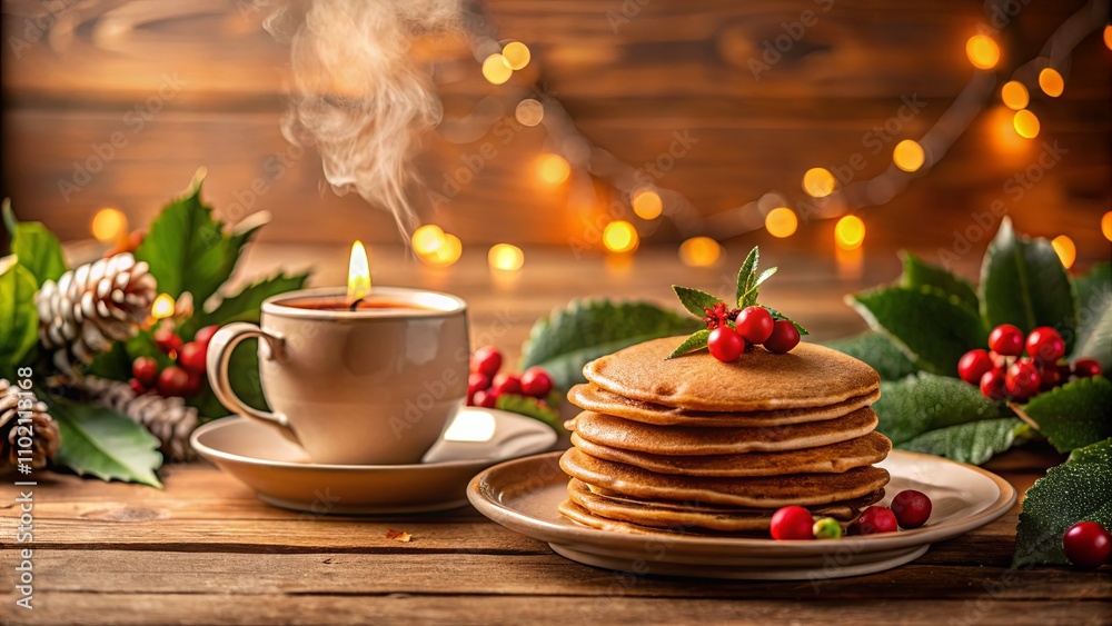 Warm Pancakes with Fresh Berries and Coffee Scene Warm Pancakes with Fresh Berries and Coffee Scene