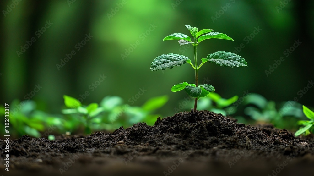 A young, thriving plant growing in a natural environment surrounded by green foliage.symbolizing new beginnings, growth, and the promise of a flourishing future. Generative ai illustration. A young, thriving plant growing in a natural environment surrounded by green foliage.symbolizing new beginnings, growth, and the promise of a flourishing future. Generative ai illustration.