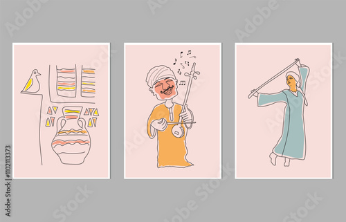 traditional Upper Egyptian life ,man playing music, and man performing a stick dance,creative freehand composition in contemporary abstract style with colorful geometric elements.