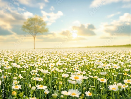 A peaceful scene of white camomiles blooming in a wild field, horticulture, calming, serenity photo