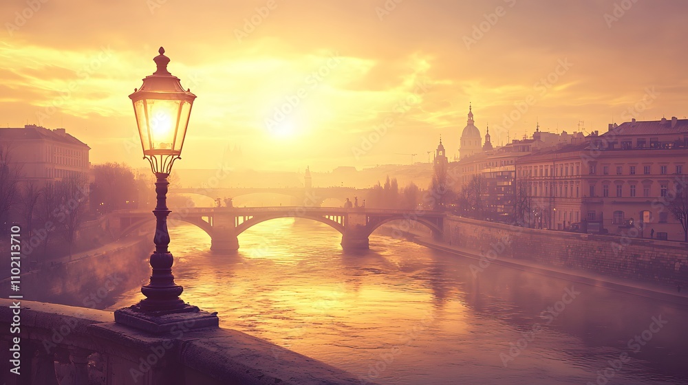 Obraz premium A lamp, its light shining on a bridge, superimposed on a river flowing through a city. This image symbolizes connection, progress, and the future. Double Exposure.[Lamp]:[Hope, Progress] 