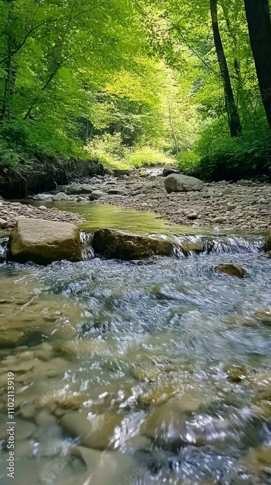 Tranquil Stream in Lush Forest, crystal-clear waters cascading over smooth stones, vibrant greenery surrounding the scene, invokes serenity and peaceful natural sounds ideal for relaxation. Tranquil Stream in Lush Forest, crystal-clear waters cascading over smooth stones, vibrant greenery surrounding the scene, invokes serenity and peaceful natural sounds ideal for relaxation.