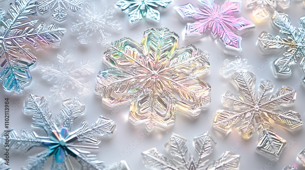 Radiant holographic snowflake design on a white background with winter details Radiant holographic snowflake design on a white background with winter details