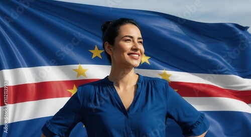 Proud woman with cape verde flag, celebrating national identity and unity photo