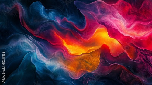 Abstract Colorful Light Waves Flowing in Dark Background - Vibrant, swirling light waves in shades of blue, red, orange, and yellow flow dynamically against a dark backdrop. Symbolizing energy, fluidi