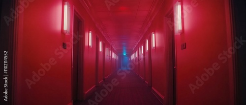 Desolate Hotel Hallway with Flickering Lights and a Surreal Sense of Being Watched An Eerie Unsettling Atmosphere of Mystery and Suspense