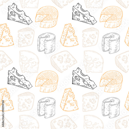 Cheese seamless pattern. Ink sketch diary products on white background. Hand drawn vector illustration. Vintage style stroke drawing. Vector illustration