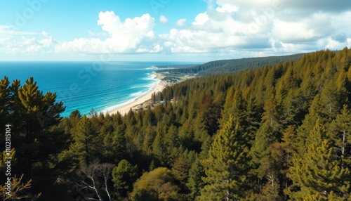 Coastal forest meets ocean; a tranquil view from a high vantage point over a pristine beach and dense evergreen forest. photo