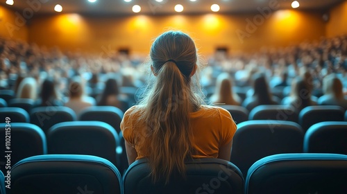 Back view of person in audience at an event, sitting in a large theater hall, surrounded by rows of seats and attentive crowd. photo