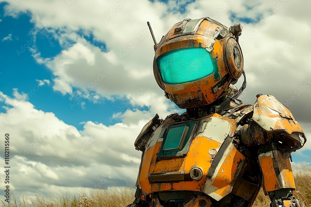 Futuristic orange robot with visor standing in grassy field under cloudy sky, showcasing advanced design and innovation. Futuristic orange robot with visor standing in grassy field under cloudy sky, showcasing advanced design and innovation.