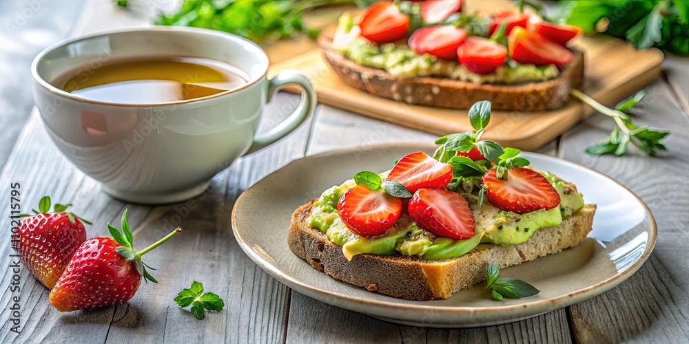 Fresh Toast with Avocado and Strawberries on Table
