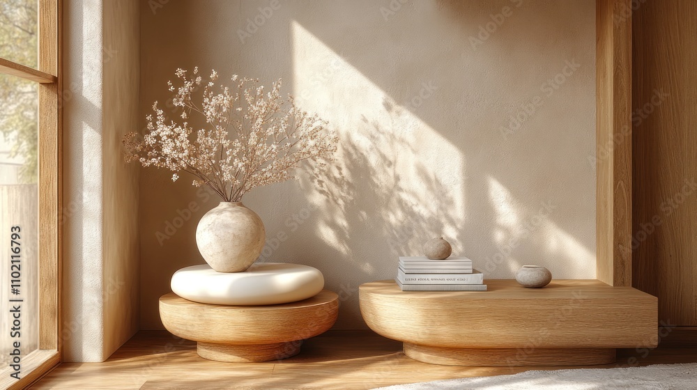Sunlit minimalist interior with wooden side tables, vase, and books. Sunlit minimalist interior with wooden side tables, vase, and books.