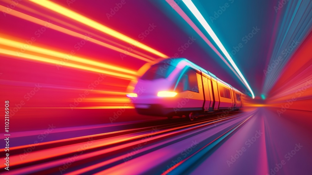 Fast train racing through a vibrant tunnel with colorful lights illuminating the journey ahead