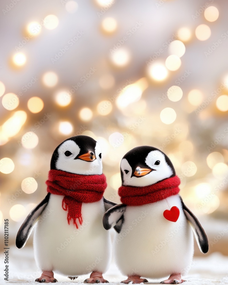 Fototapeta premium Two charming penguins in red scarves, one of whom holds a heart-shaped keychain, stand on a snowy background with a warm side. A cute and quirky winter theme. 