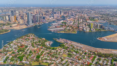 Aerial View of Sydney Harbour Balmain Darling harbour Sydney CBD cockle Bay Wharf North Sydney harbour bridge Lavender Bay Milsons Point Manly on a warm summer day blue skies 