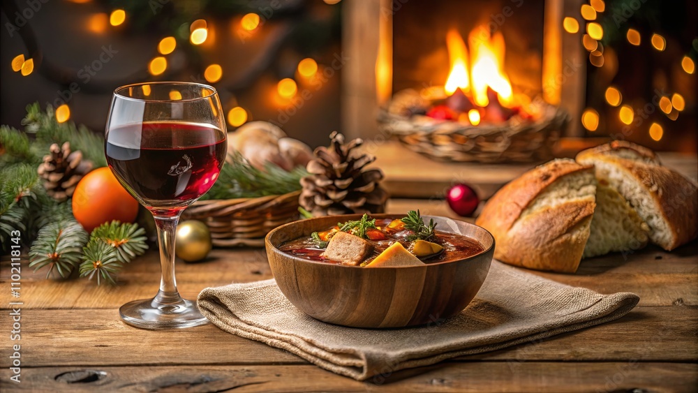 Cozy Winter Dinner Scene with Soup and Wine Cozy Winter Dinner Scene with Soup and Wine