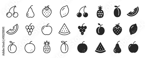 Fruits icon set. Apple, orange, watermelon, cherry, peach, strawberry, pineapple, grape. Fruit outline and silhouette style. Black vector illustration