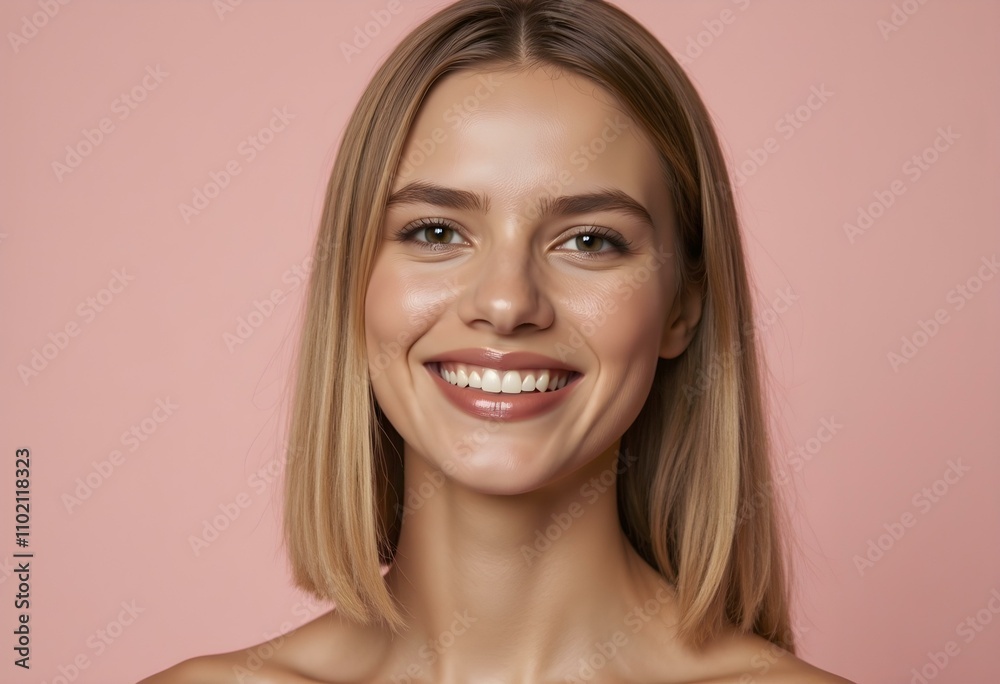Pretty smiling joyfully female with fair hair, dressed casually, looking with satisfaction