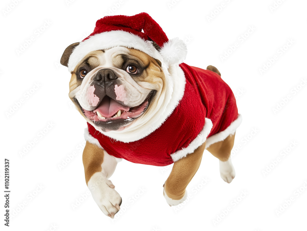Full body shot of Bulldog, running happily, smiling. Wearing Christmas costume. Full body shot of Bulldog, running happily, smiling. Wearing Christmas costume.