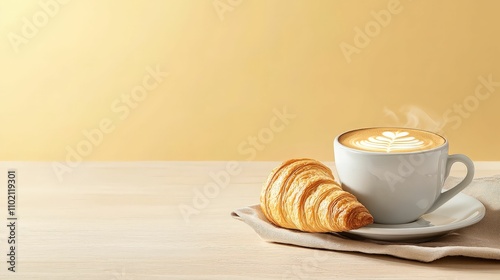 coffee and bakery concept. Warm coffee cup with a croissant on a wooden table against a soft yellow background. photo