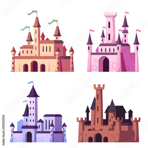Set of medieval castles on isolated white background.