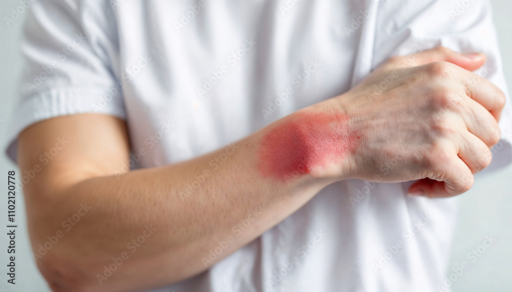 Red mark on the arm of a person with white shirt showing possible skin irritation in a neutral indoor environment Red mark on the arm of a person with white shirt showing possible skin irritation in a neutral indoor environment